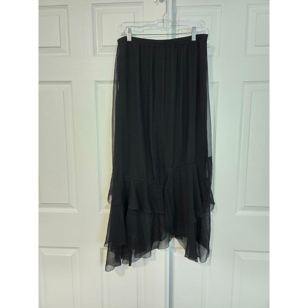 Elie Tahari Black Silk Chiffon Asymmetrical Ruffle Midi Skirt Size M